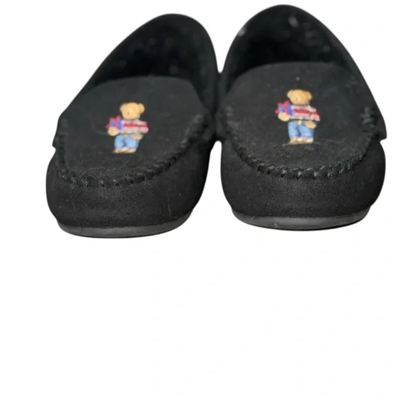 Polo by Ralph Lauren Black Moccasins Kids House Slippers with Bear Design - Picture 8 of 9